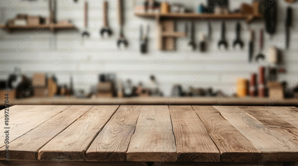 Poster equipment workshop background concept. a wooden workbench in a workshop, surrounded by tools and equ