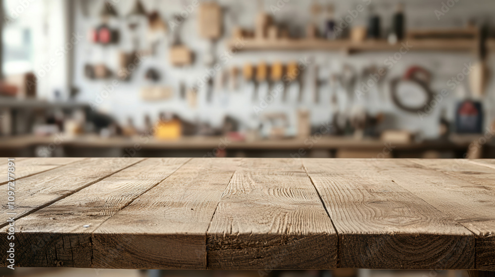 Poster equipment workshop background concept. a rustic wooden table foreground with a blurred workshop back