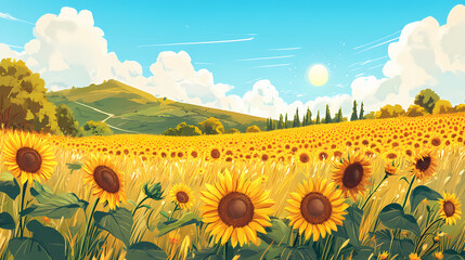 Obraz premium Sunflowers, tall and bright, golden fields turn their faces to follow the sun. Golden Sunflower Fields. Illustration