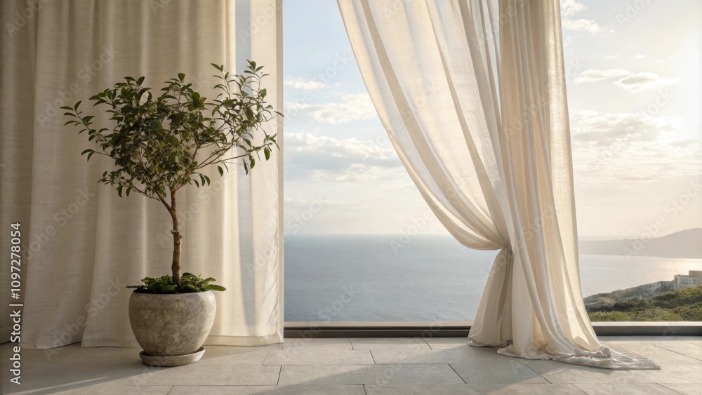 Poster soft curtains sway lightly allowing a gentle breeze to circulate while a single potted plant adds a 