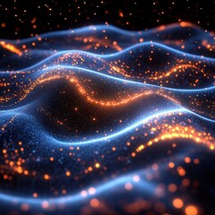 Fototapeta premium A digital representation of flowing waves with glowing particles, evoking a sense of motion.