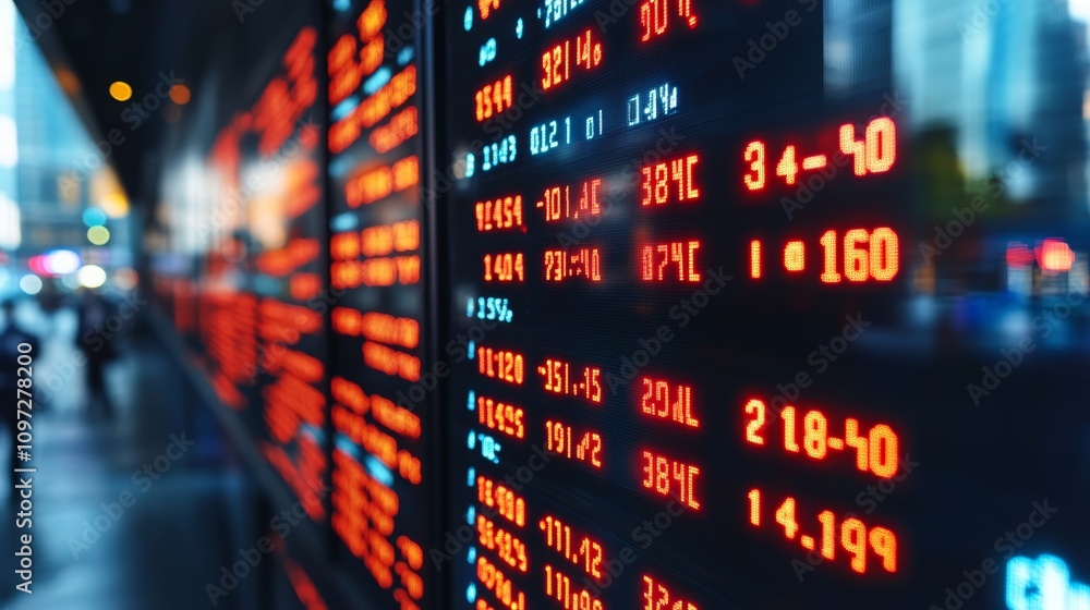 Poster close-up of a stock ticker board displaying fluctuating numbers, reflecting the dynamic nature of fi