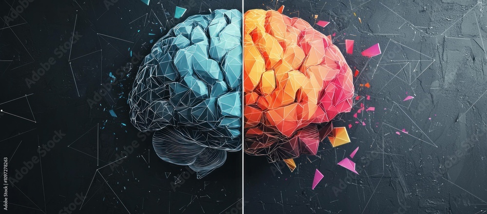 Poster abstract illustration of a split brain concept, showcasing blue and orange sides representing logic 