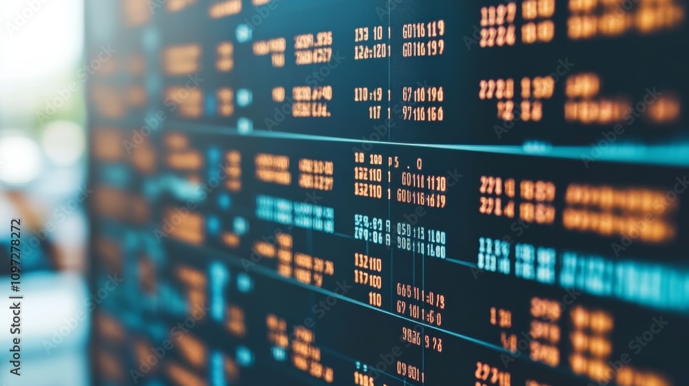 Poster close-up view of a stock ticker board with numbers scrolling in orange and blue, indicating stock pr