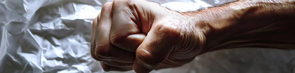 Fototapeta premium A harshly lit fist, inches away from a crumpled piece of paper.