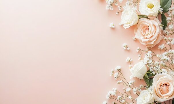 Peach background with white and peach roses and baby's breath flowers arranged on the right side, leaving ample copy space.