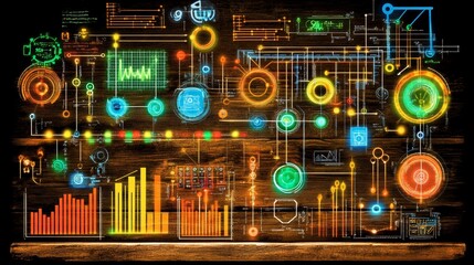 Obraz premium Colorful futuristic interface on wooden background with charts and graphs.