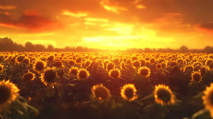 Panoramic glowing sunflower field at sunset with bright golden light. Golden Sunflower Fields. Illustration