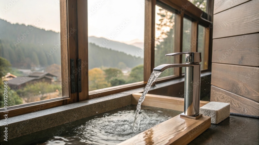 Poster the calming sound of water flows from a modern faucet reflecting the gentle theme of the environment