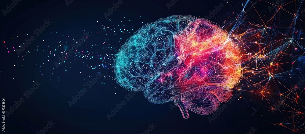 Poster colorful digital brain concept with glowing neurons and neural connections representing artificial i
