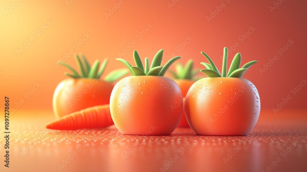 Poster four ripe orange tomatoes with a single carrot slice in front of them on an orange background.