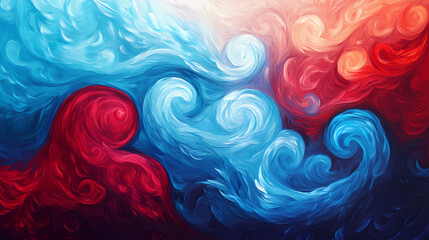 Fototapeta premium Cosmic swirls of crimson and azure, an abstract symphony of celestial whispers. Crimson Cloud Swirls. Illustration
