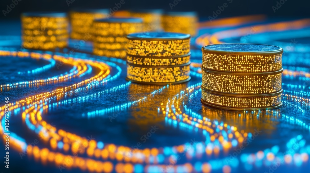 Poster golden database servers with glowing data trails.