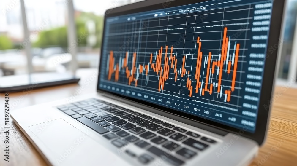 Poster laptop screen displaying a stock market graph with orange lines representing price fluctuations.