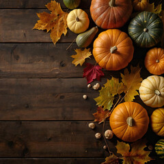 季節の収穫物を飾った素朴な木製テーブル