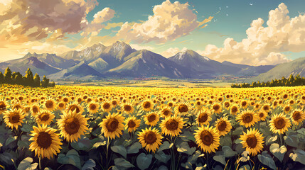 Obraz premium A vibrant sunflower field in bloom, with majestic mountains and flowing clouds, bathed in the golden light of the sun on a stunning landscape. Golden Sunflower Fields. Illustration
