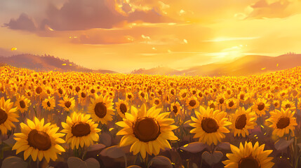 Fototapeta premium A beautiful sunflower field bathed in warm sunlight, capturing the vibrant yellow blooms during a golden hour sunset. Golden Sunflower Fields. Illustration