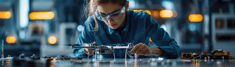 Poster equipment workshop background concept. a focused engineer works on a drone prototype in a high-tech 