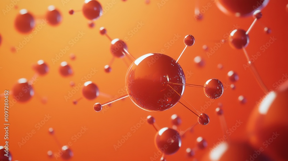 Poster abstract representation of molecules in a vibrant red environment.