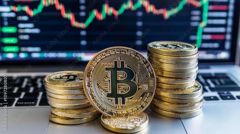Poster stacks of gold bitcoin cryptocurrency coins on a laptop keyboard with a stock chart on the screen in