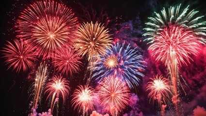 Enjoy a captivating fireworks show featuring bright bursts of color against the dark sky. The stunning reds and greens reflect the joy of celebrations and special occasions.