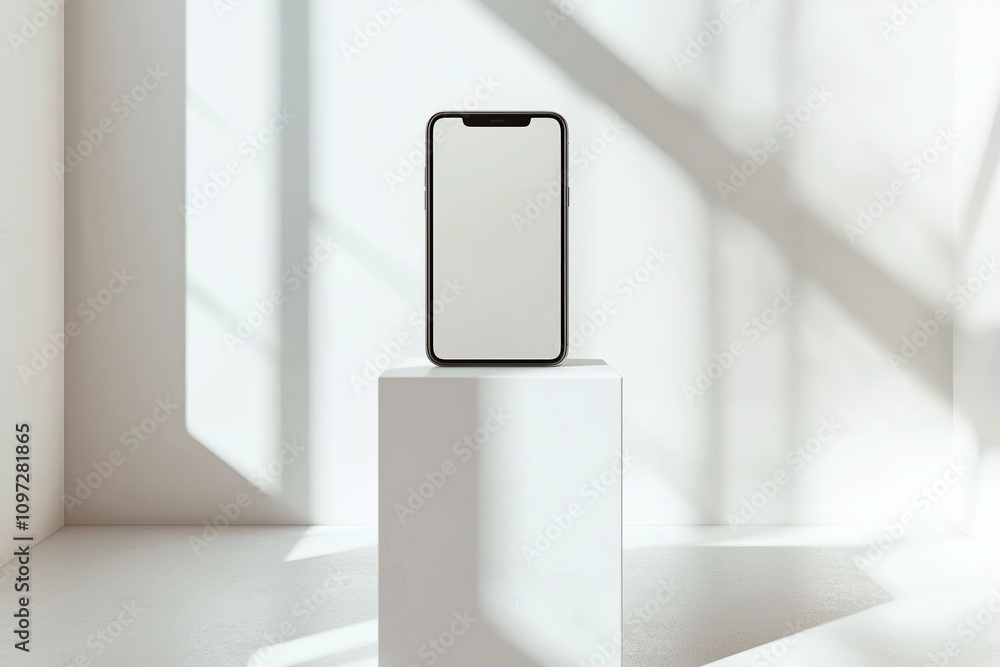 Poster a minimalist smartphone display on a pedestal in a bright room, emphasizing clean design and modern 