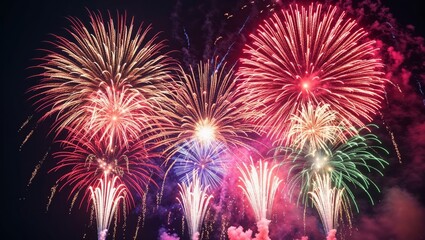 Fototapeta premium Celebrate with a spectacular fireworks show, featuring vibrant bursts of color against the dark sky. The beautiful reds and greens create a festive atmosphere for any occasion.