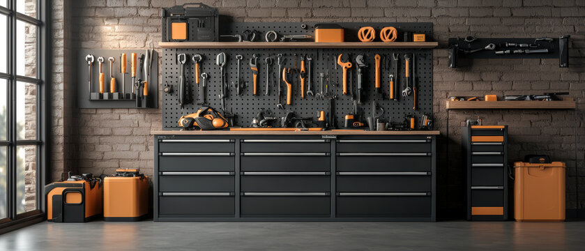 Equipment workshop background concept. A well-organized workshop featuring various tools on a wall-mounted pegboard, with storage cabinets and a workbench for DIY projects.