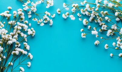 White Baby's Breath flowers arranged on a bright teal background, leaving space in the center.