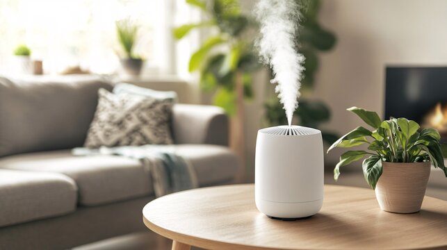 Modern air humidifier in cozy living room