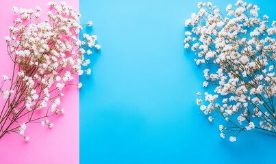 White Baby's Breath flowers on pink and blue background.  Copy space for text.