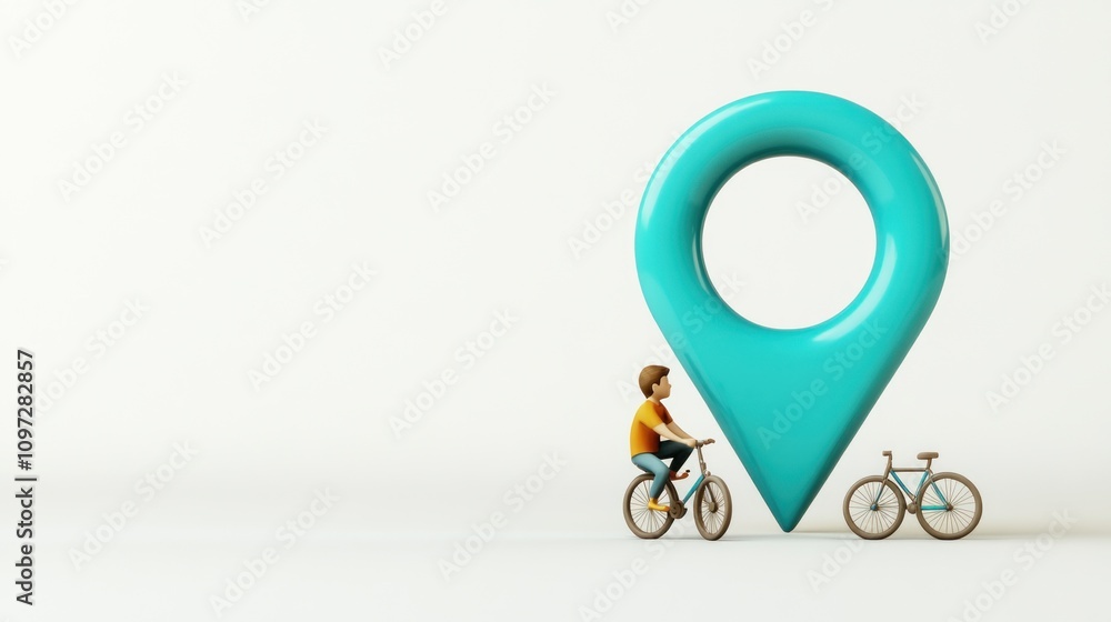 Poster cartoon man riding a bicycle towards a large blue pin icon, symbolizing navigation or location findi