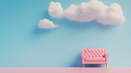 Pink sofa against a blue sky background with clouds