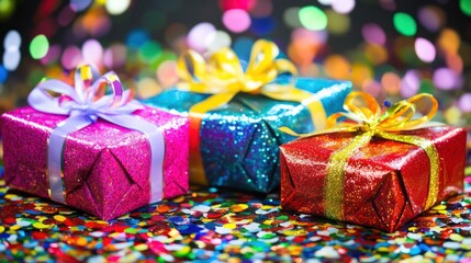 Glittery Gift Boxes Resting On Colorful Confetti
