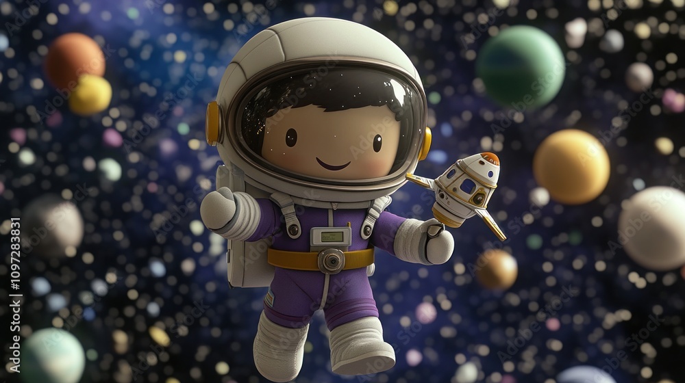 Aufkleber a smiling astronaut in a purple spacesuit floats in space, holding a small rocket.