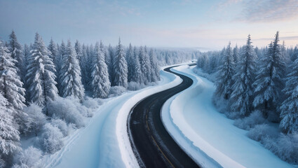 A Serene Snow-Covered Road Winding Through a Winter Forest Landscape