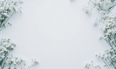 Naklejka premium White flowers frame on white background; flat lay, top view, copy space.