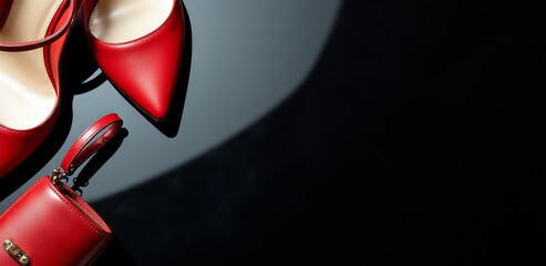 Red stiletto heels and matching purse on dark background
