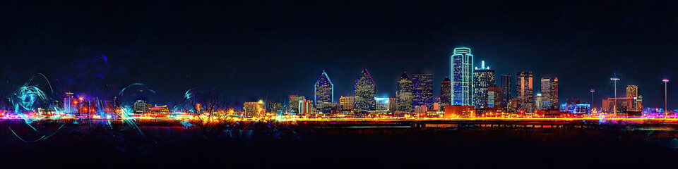 Obraz premium Dallas Skyline Splendor: The impressive urban skyline of Dallas, Texas, lit up at night.