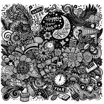 Black and white detail doodle art Hanppy New Year