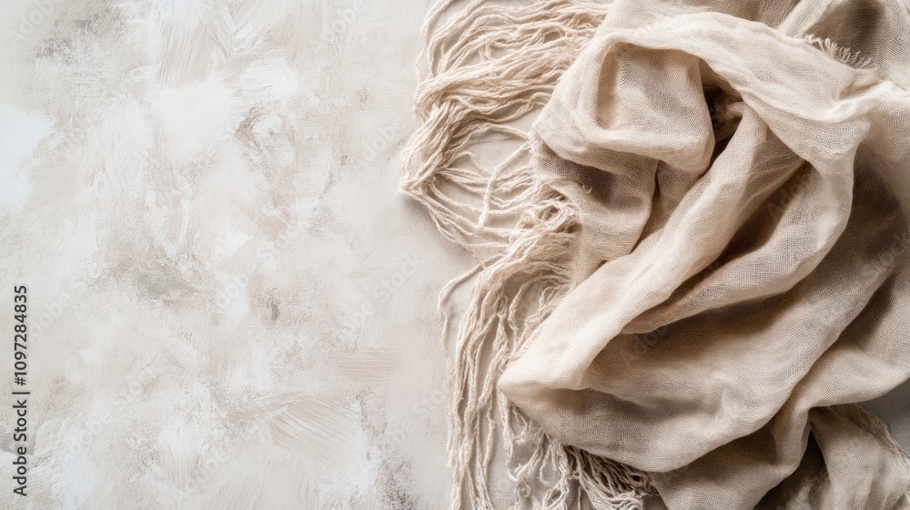 Poster beige fabric with frayed edges on a textured background.