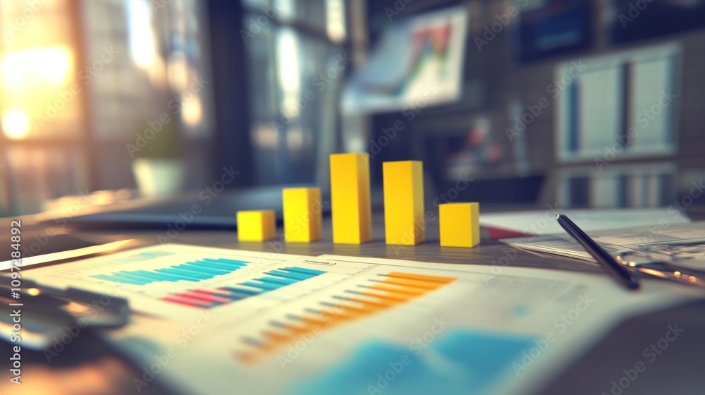 Poster yellow bars on charts and graphs represent business growth on a desk.