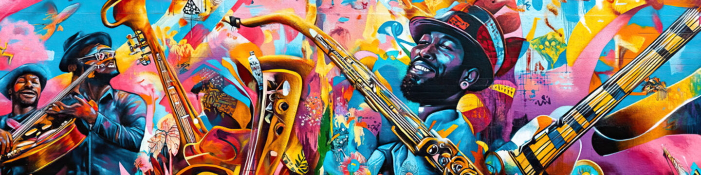 A vibrant mural of musicians and musical instruments adorns the wall of a building in the heart of Austin.