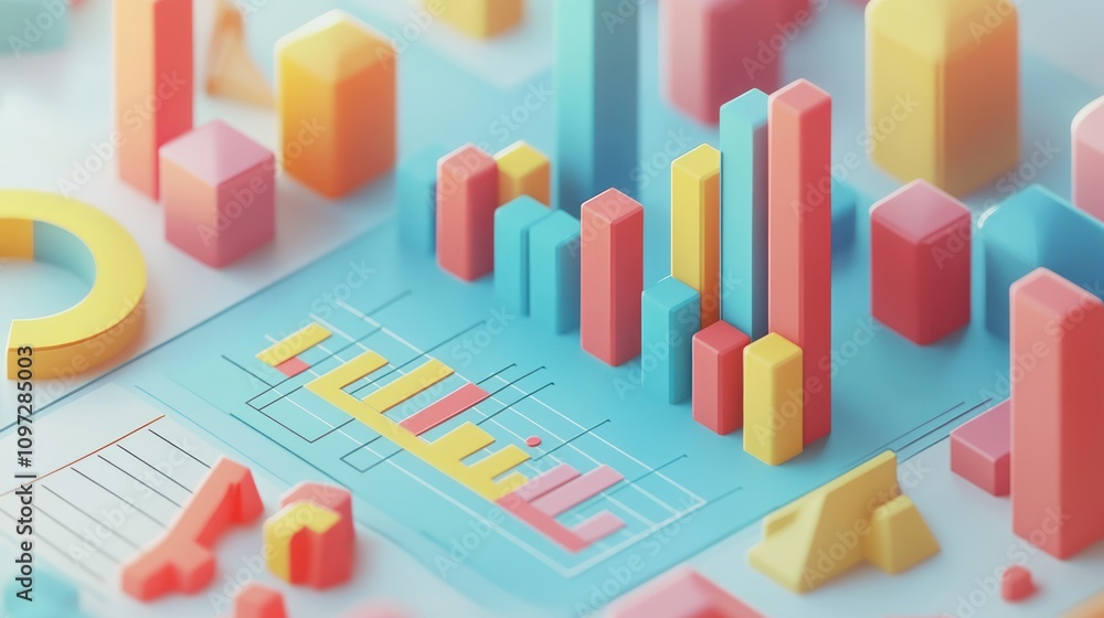 Poster colorful 3d bar charts and graphs on a blue background.