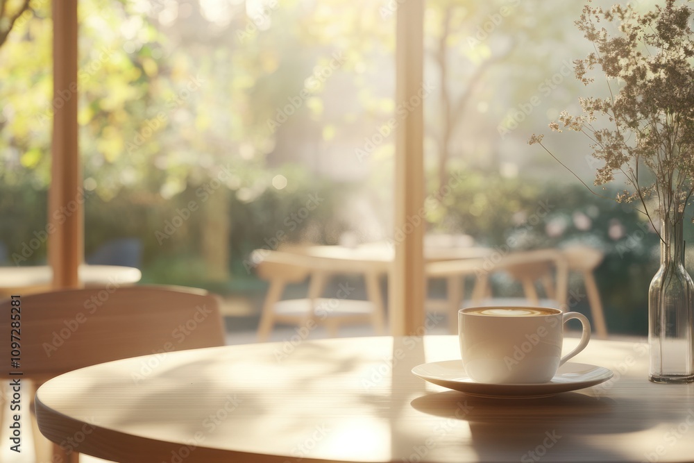 Poster A cup of coffee on a table in a cafe with a view of a garden through the window.
