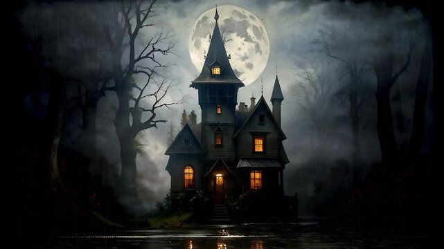 Haunted House with Full Moon and Swamp 4K Loop features an A.I. Generated video of an old house in a dark forest with a full moon in the sky and a light rain on a swamp in the foreground in a loop.