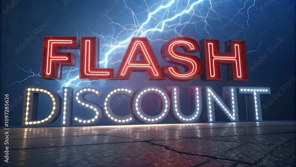 Poster 3d illuminated text advertising a flash discount with a striking lightning background, creating a dr