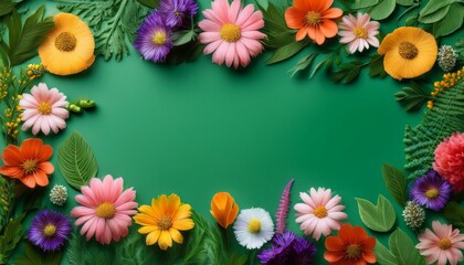 Vibrant paper flowers create a stunning frame against a rich green backdrop.
