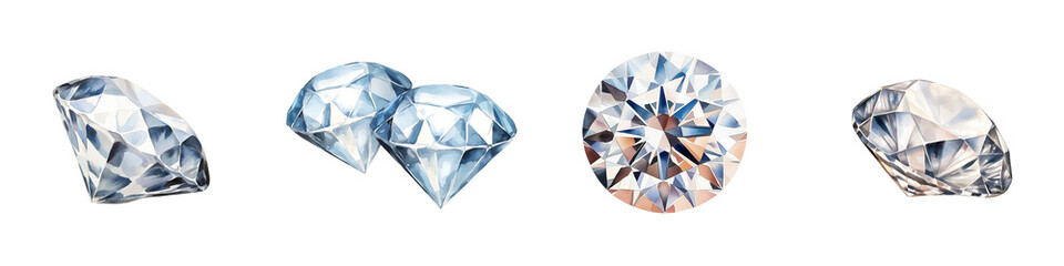 freedom harmony watercolor concept, A series of sparkling diamonds showcasing various cuts and shapes, emphasizing their brilliance and clarity.