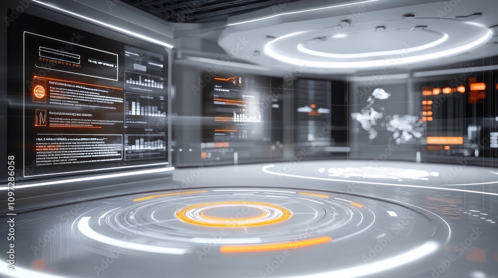 Poster futuristic digital control room with glowing screens and circular platform.